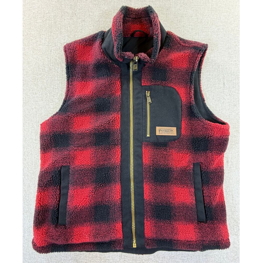 Pendleton Men's Large Red Black Buffalo Check Zip Front Fleece Vest Outdoor Wear